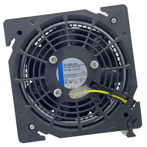 Front view of DV4650-470 Cabinet Cooling Fan 230V 50Hz Axial Airflow Fan with 119mm blade, shown mounted on bracket.
