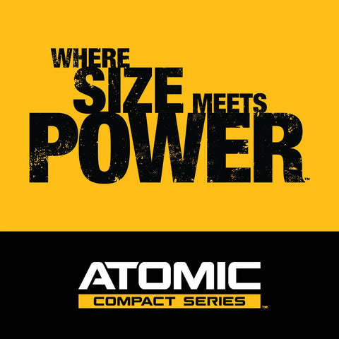 Graphic design featuring text 'Where Size Meets Power' and 'Atomic Compact Series' on a yellow background.