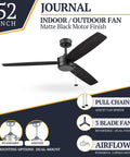 52 Inch Indoor Outdoor Ceiling Fan Without Light With Pull Chain Dual Mount For Big Spaces Matte Black Finish With Ebony And Gray Teak Look Blades Reversible For Year Round Comfort