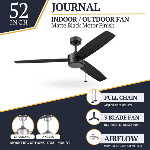 52 Inch Indoor Outdoor Ceiling Fan Without Light With Pull Chain Dual Mount For Big Spaces Matte Black Finish With Ebony And Gray Teak Look Blades Reversible For Year Round Comfort