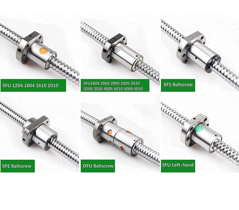 Various types of ball screws including SFU 1204, SFE, SFS, DFU, and SFU left-hand mounts.