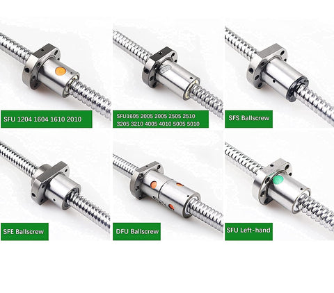 25mm CNC Ballscrew Kit SFU2504 RM2504 Anti Backlash With 2550mm Length Nut shown in a variety of ballscrew types and sizes.