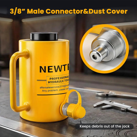 30 Ton Hydraulic Hollow Ram Jack With 2 Inch Stroke And Compact Design showing 3/8" male connector and dust cover for protection.
