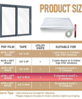 Product size chart for Easy DIY Window Insulation Kit For Winter With Plastic Shrink Film And Strong Tape, includes window and supplies.