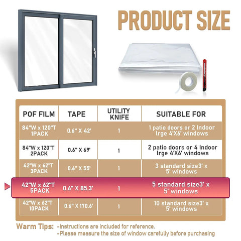 Product size chart for Easy DIY Window Insulation Kit For Winter With Plastic Shrink Film And Strong Tape, includes window and supplies.