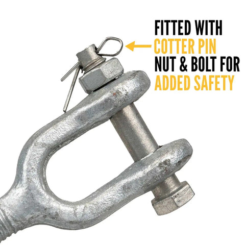 Heavy Duty Galvanized Turnbuckle Two Inch By Twenty Four Inch Jaw And Jaw Configuration with cotter pin for added safety.