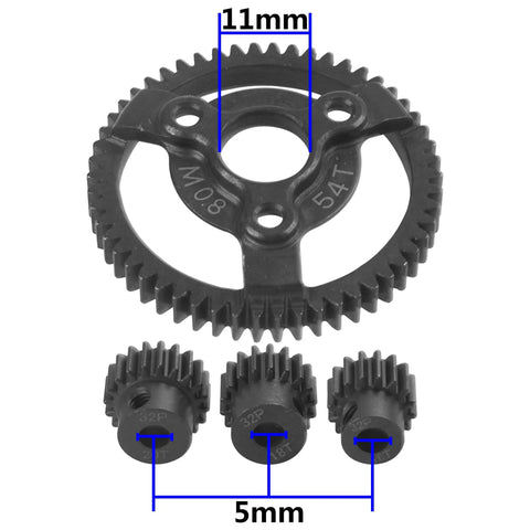 32P Spur Gear 54T Main Gear And Pinion Gear Set With Motor Shaft Adapter visible; features 54T main gear and pinions for RC cars.