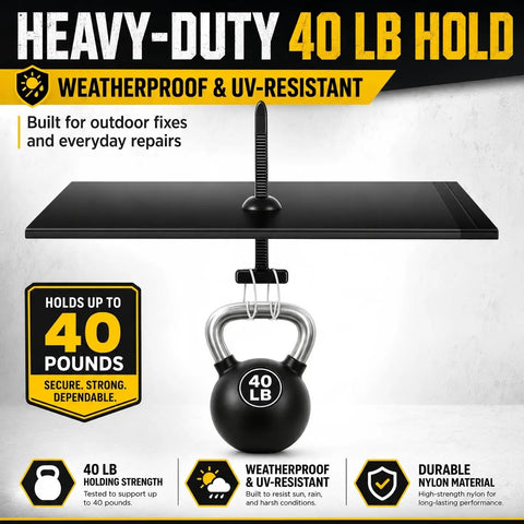 Heavy Duty Automotive Cable Tie Buckle Fasteners Kit demonstrating 40 lb hold with weatherproof and UV-resistant features