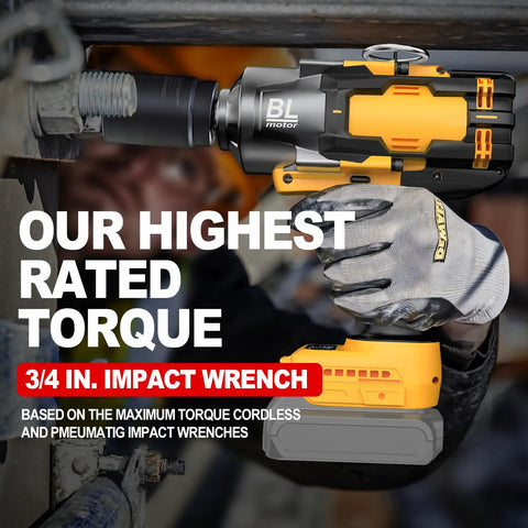 Top Tier Cordless Impact Wrench 3/4 Inch showing maximum torque features during heavy-duty use with brushless motor.