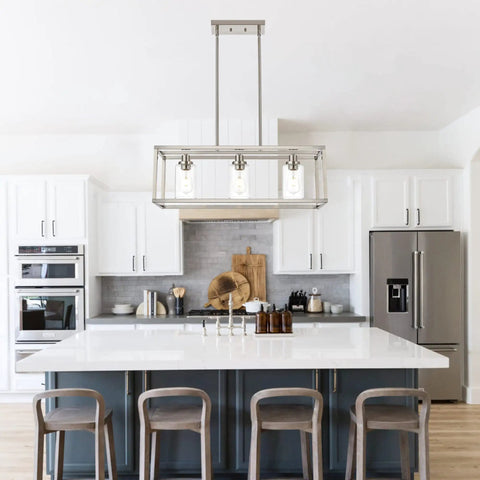 Rectangle Chandelier With 3 Lights In Brushed Nickel Finish, Modern Ceiling Light Fixtures For Dining Room, Kitchen Island, Clear Glass Shade