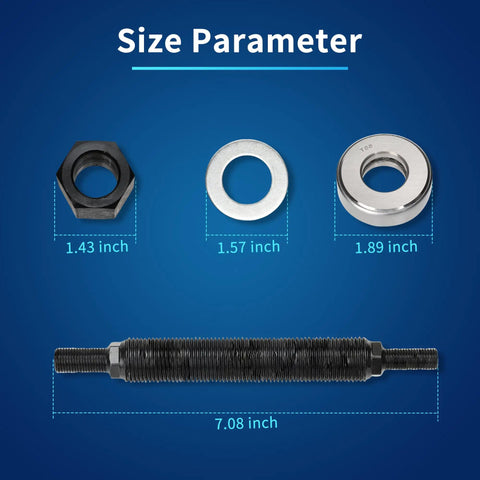 Size details of Harmonic Balancer Installation Tool For Chevy Small Block And Big Block Cranks with nut, washer, thrust bearing
