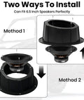 No Sweat Install Angled 6.5 Inch Speaker Pods Two Pack Slick Universal Mount Kit showing installation methods for 6.5 speakers.