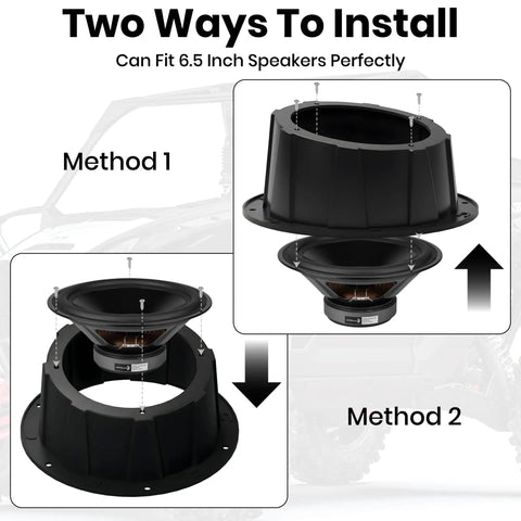 No Sweat Install Angled 6.5 Inch Speaker Pods Two Pack Slick Universal Mount Kit showing installation methods for 6.5 speakers.