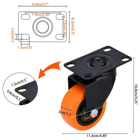 Diagram of 3 Inch Heavy Duty Swivel Caster Wheels Industrial Plate Caster Set Of 4 Without Brakes showing dimensions and orange wheel