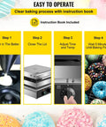 Shop Grade Electric Donut Maker With Nonstick Pan And Double Sided Heating, easy steps for operation and instruction book included.