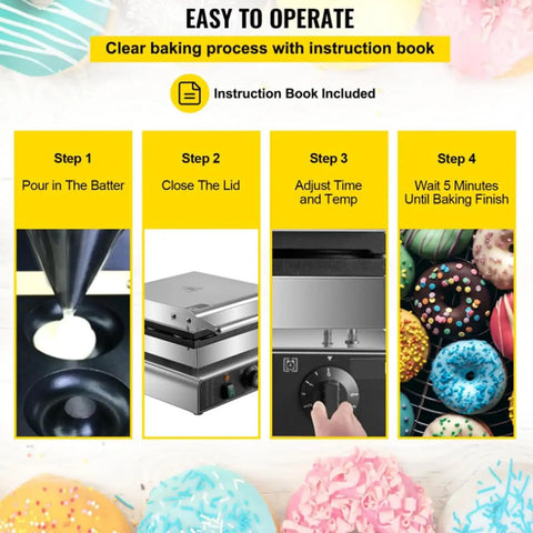 Shop Grade Electric Donut Maker With Nonstick Pan And Double Sided Heating, easy steps for operation and instruction book included.