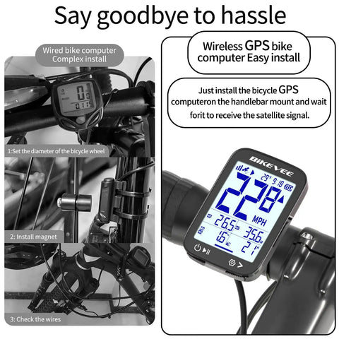 Wireless GPS Bike Computer With Auto Backlight for Road and Mountain Riding displaying speed and data