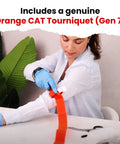 Woman demonstrating Orange CAT tourniquet application included in Bleeding Control Kit With Tourniquet For Emergencies, Easy To Use First Aid Kit.
