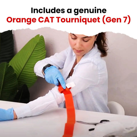 Woman demonstrating Orange CAT tourniquet application included in Bleeding Control Kit With Tourniquet For Emergencies, Easy To Use First Aid Kit.