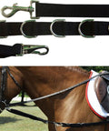Durable Nylon Side Rein With Elastic End And Stainless Steel Dees, 63 To 64 Inch Adjustable Lunging Rein in use on horse