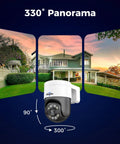 4K PoE PTZ Security Camera System With Auto Human Tracking showing 330° panorama view over a residential property.