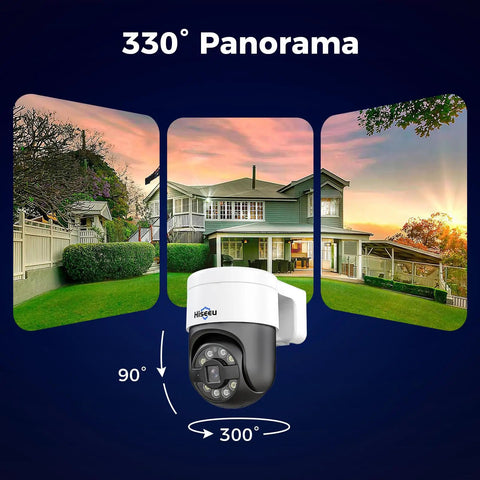 4K PoE PTZ Security Camera System With Auto Human Tracking showing 330° panorama view over a residential property.