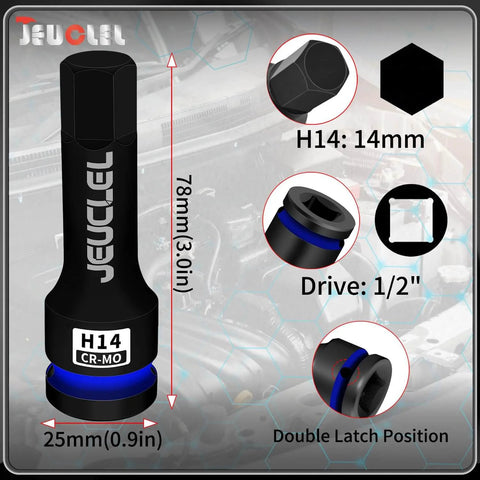14mm Hex Impact Socket Two Pack, 1/2 Inch Drive, Lengthened Cr-Mo Steel H14 Allen Socket Adapter in black, labeled with dimensions.