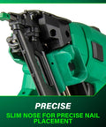 Close-up of Cordless 18V Brushless 15-Gauge Angled Finish Nailer Kit With 2.0Ah Battery, showing slim nose for precise nail placement