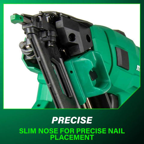 Close-up of Cordless 18V Brushless 15-Gauge Angled Finish Nailer Kit With 2.0Ah Battery, showing slim nose for precise nail placement