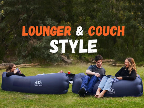 Inflatable Couch Air Lounger Chair No Pump Needed For Camping And Beach Trips, featuring two people relaxing outdoors