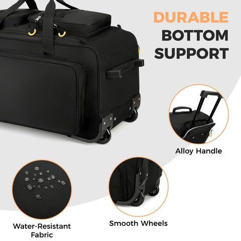 Searock rolling duffle bag with wheels and handle, black 90L capacity, water-resistant fabric.