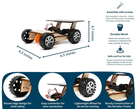Solar Powered Car V300 Wooden STEM Kit With Wireless Remote Control Hybrid Solar And Battery Power Hands On Motor Toy Gift For Kids Ages 8 To 12 showcasing dimensions and features.