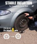 Person using 12V Tire Inflator Portable Air Compressor With Display Gauge And LED Light on car tire on the roadside.