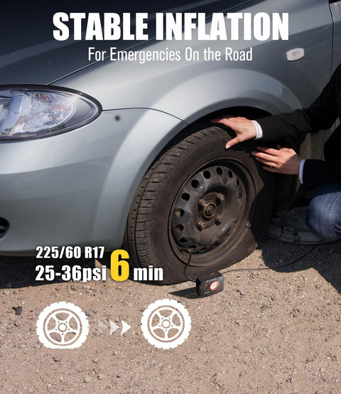 Person using 12V Tire Inflator Portable Air Compressor With Display Gauge And LED Light on car tire on the roadside.