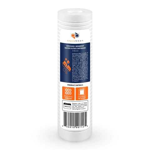 5 Micron Grooved Sediment Water Filter Replacement 10x2.5 for whole house, showing product label and details