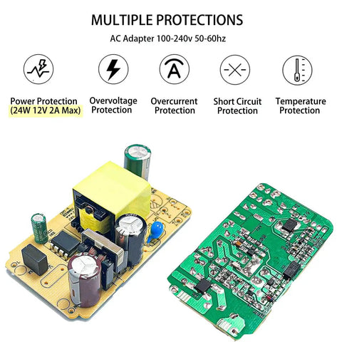 Versatile 12V Power Supply 2A AC Adapter 100-240V Input 50-60Hz 24W With 5.5x2.1mm DC Plug And 8 Quick Swap Tips For LED Strip CCTV Camera Router Bluetooth Speaker And More Includes 1.5m Power Cord, circuit board