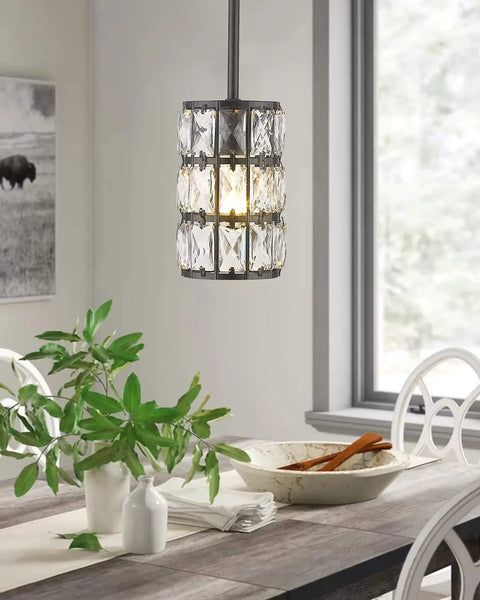 Farmhouse Crystal Pendant Light Black Finish 1 Light for kitchen island, illuminating dining area with modern industrial vibe.