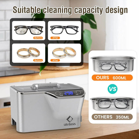Ultrasonic Cleaner 45kHz 35W 20oz Digital Timer Pro Grade Jewelry Cleaner for Rings Coins Watches Dentures Silver Glasses with Watch Holder 600ml Powerful Yet Gentle Clean on counter
