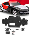 Black Carbon Fiber RC Car Chassis For WLtoys K969 K979 K989 K999 P929 P939 Lightweight Yet Ultra Strong One Twenty Eighth Scale Replacement Part With Screws And Nuts Durable DIY RC Chassis Set For Speed Demons shown with RC car.