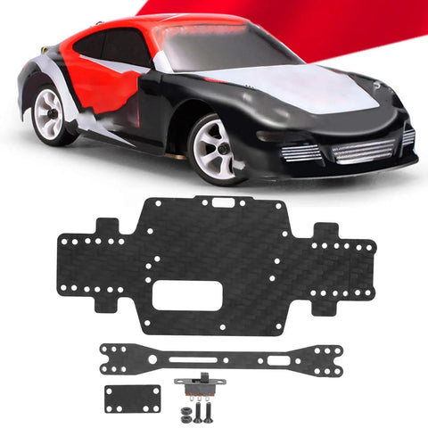 Black Carbon Fiber RC Car Chassis For WLtoys K969 K979 K989 K999 P929 P939 Lightweight Yet Ultra Strong One Twenty Eighth Scale Replacement Part With Screws And Nuts Durable DIY RC Chassis Set For Speed Demons shown with RC car.