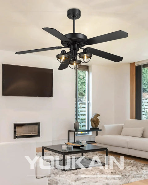 52 Inch Farmhouse Ceiling Fan With Remote Control And 3 Lights in living room, barnwood and matte black design