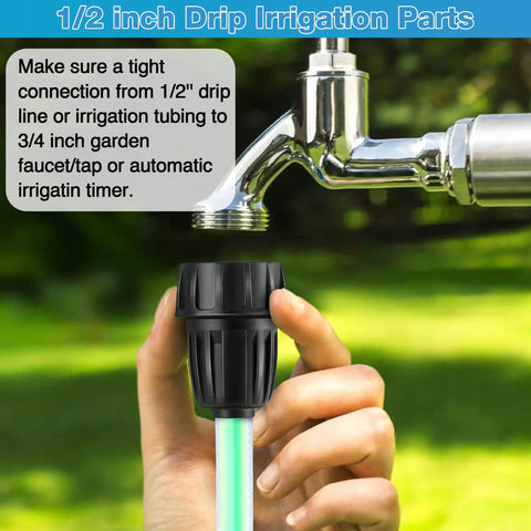 Hand holding a drip irrigation adapter connected to an outdoor faucet, part of the Drip Irrigation Pressure Regulator Kit.