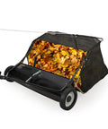 Heavy Duty Tow Behind Lawn Sweeper, 48 Inch Wide Sweep, 26 Cu Ft Debris Bag, Adjustable Height, Easy Dump Rope with leaves visible