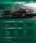 Ford F-150 truck towing a boat; text includes 'Vehicle Fitment' and compatibility information for Ford and Lincoln models.