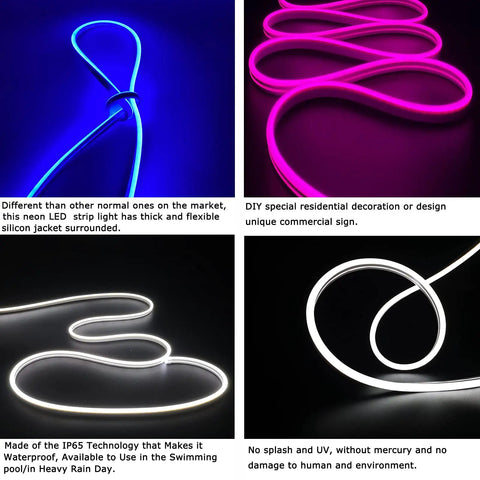 Image showing a glowing pink and white 12V waterproof LED silicone neon light strip rope, flexible, cuttable for indoor outdoor use with power adapter included.