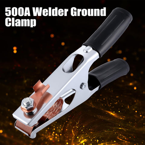 Heavy Duty 500A Welding Ground Clamp With Electroplated Copper Earth Clip, durable rubber handle for stable grounding.