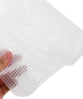 Three Pack Plastic Canvas Mesh Sheets For DIY Bag Making Kit, Super Sturdy Craft Sheets For Sewing, Embroidery, And Quilting Projects, Perfect For Tote Bags, Pouches, Accessories, And Creative Bag Designs. White plastic mesh sheet held by hand