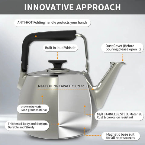 Whistling Stovetop Tea Kettle With Big Capacity And Fast Heat Technology Built With Thick Durable Body For All Cooktops Induction Compatible Professional Teapot For Quick Boil And Easy Pour showing features