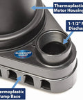 1/2 HP Thermoplastic Submersible Sump Pump With Tethered Float Switch For Heavy Duty Water Removal Up To 3,300 GPH And 25 Ft Lift, 1-1/2 Inch NPT Discharge showing thermoplastic motor housing and 1-1/2 inch NPT discharge detail.