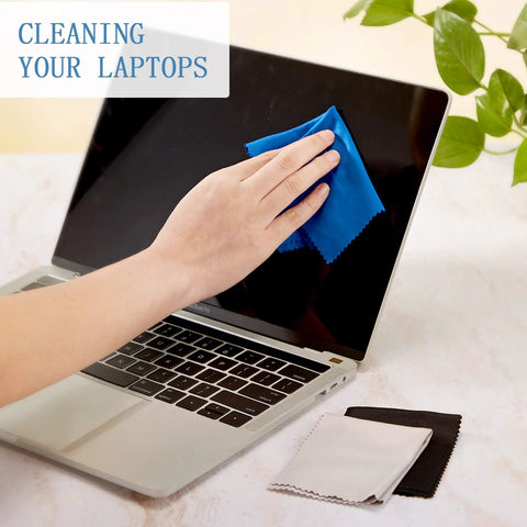 Front view of blue microfiber cleaning cloth wiping laptop screen; 50-pack assorted-color electronics cloths.